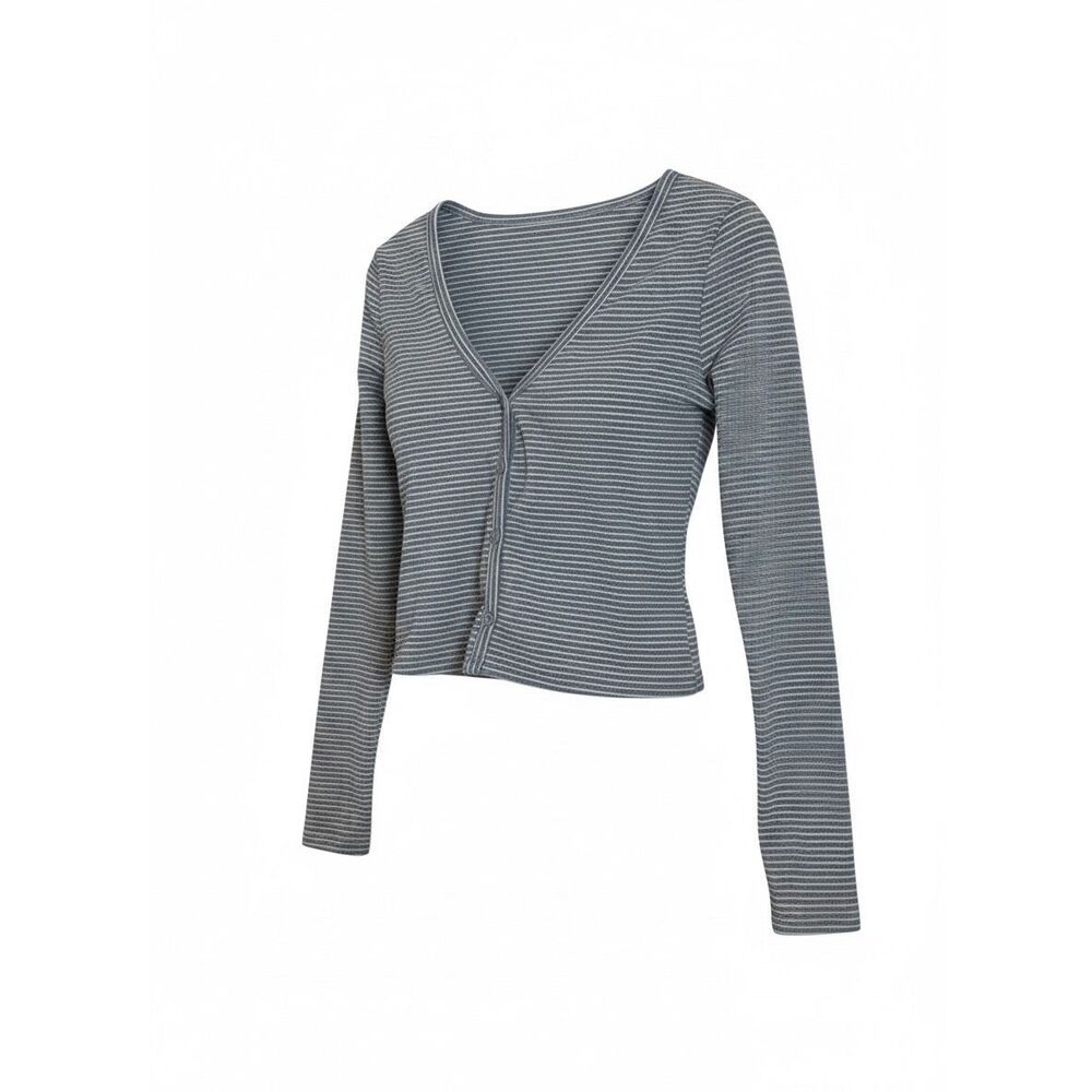 Musera Striped Button‎ Front Long Sleeve Knit Cropped Top Gray White Size Small